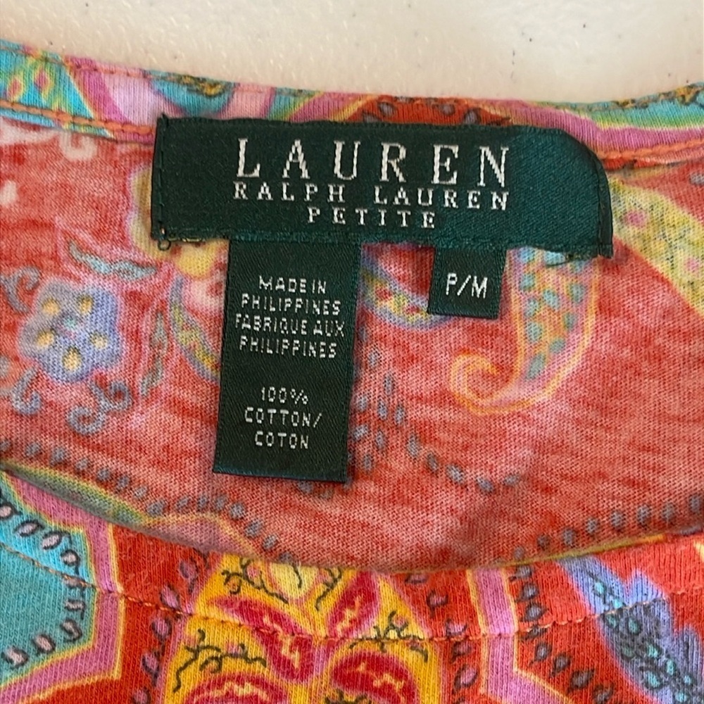 Lauren Ralph Lauren Petite Tshirt Paisley Short Sleeve 100% Cotton Size P/M - Picture 3 of 4